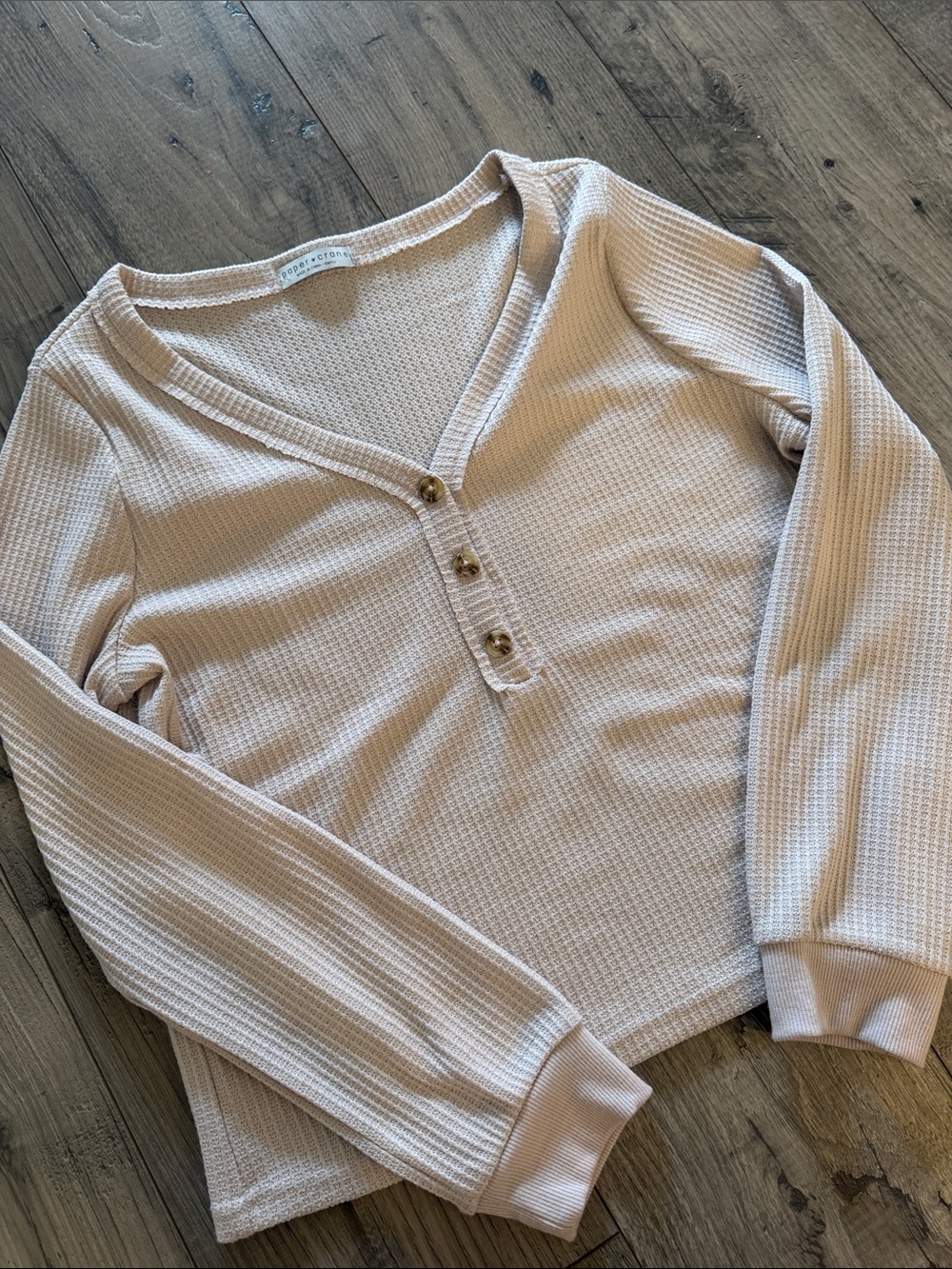 Paper Crane Light Beige Waffle V-Neck Henley Sweater